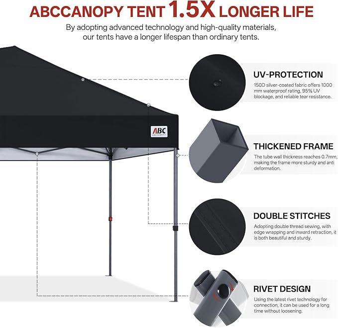 ABCCANOPY 10x20 Pop Up Canopy Tent, Easy Setup Instant Shelter with Wheeled Bag, Heavy Duty Outdoor Canopy for Beach, Market, Backyard, UV Protection, Outdoor Weather Protection (Black, 10x20)
