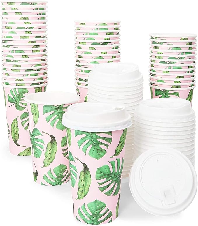BLUE PANDA Disposable Coffee Cups with Lids - 16 Oz, 48 Count, Tropical Green Leaf Design - Paper Cups to Go for Parties & Travel - Leak Proof & Compostable