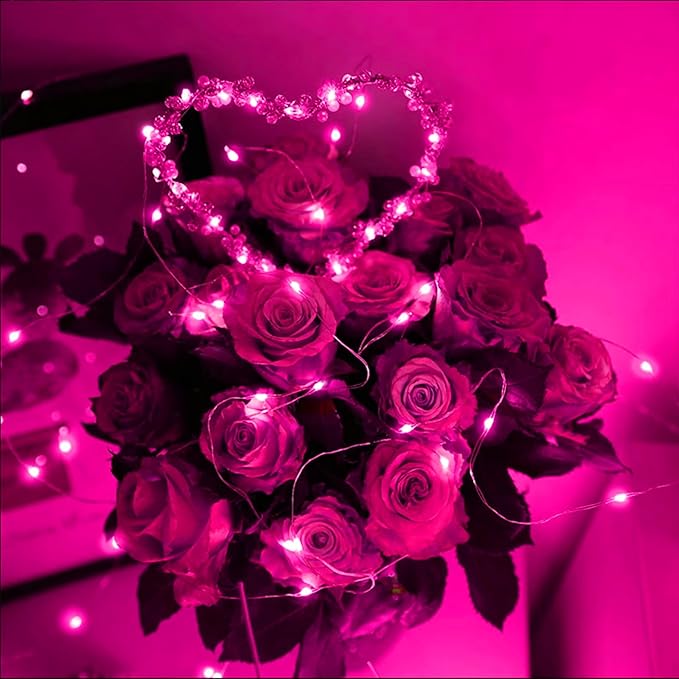 6 Pack Pink Led Fairy Lights Battery Operated, Valentines String Lights Waterproof Silver Wire 7 Feet 20 Led Firefly Starry Moon Lights for DIY Wedding Galentine's Day Valentine's Day Party Bedroom