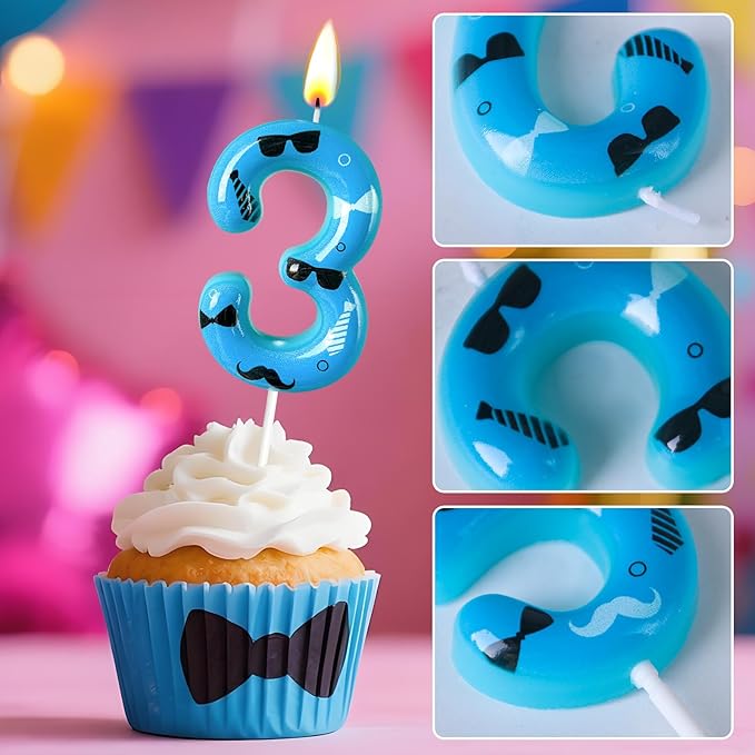 Number 3 Birthday Candle for Cake – Blue Gentleman Style with Sunglasses, Bow Tie & Mustache Design – Cool Cake Topper for Birthday Party Decoration