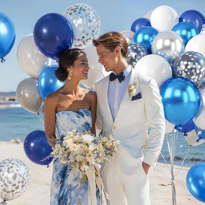 Blue White Silver Confetti Balloons - 50pcs 12" Metallic Blue Silver and Clear White Confetti Latex Balloons for Graduation Father's Day Birthday Wedding Anniversary Bridal Shower Party Decorations