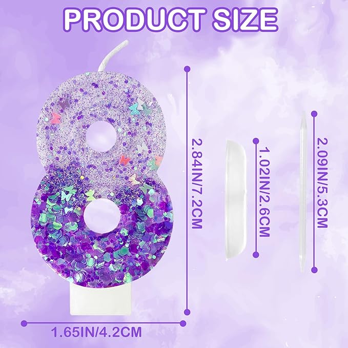 Purple Sequin Birthday Candles, Cake Number Candles, Girls 0th Birthday Decorations, Suitable for Birthday Parties, Anniversary Party Decorations(8)