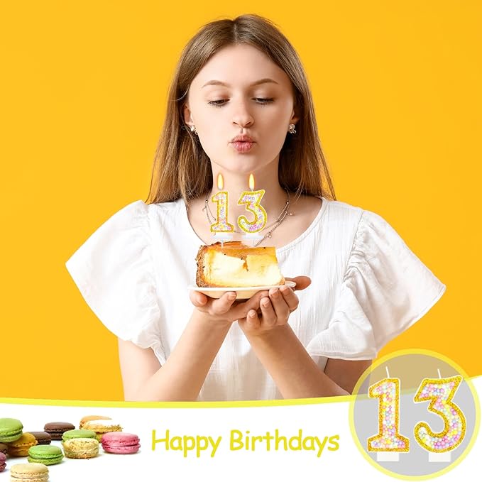 13th Birthday Candle for Cake, Colorful Macaron Numeral Candles for Boys/Girls, Birthday Party Cake Decorations, Golden Cake Topper for Birthday Party Supplies (Number 13)