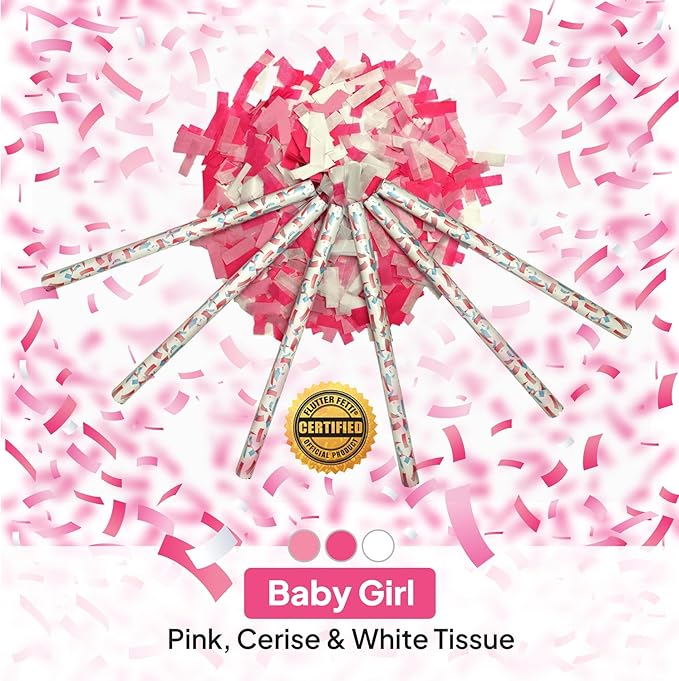 Flutter FETTI® 6 Pack Gender Reveal Pink Confetti Cannons for Baby Girl - 14" Gender Reveal Cannons - Pink, Cerise, & White - Made in USA