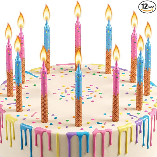 Conelist 12 Pcs Ice Cream Themed Birthday Candles Pink Blue Birthday Decorations Cartoon Movie Cake Toppers for Ice Cream Themed Party Supplies