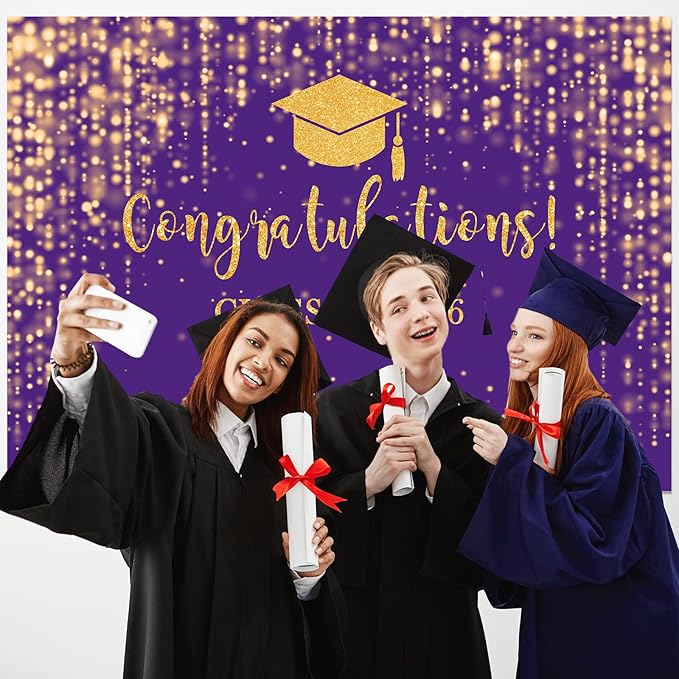 Mocsicka Class of 2026 Backdrop Purple Gold Glitter Bokeh Graduation Party Background 2026 Congrats Grad Prom Party Cake Table Decoration Photo Booth Props (7x5ft)