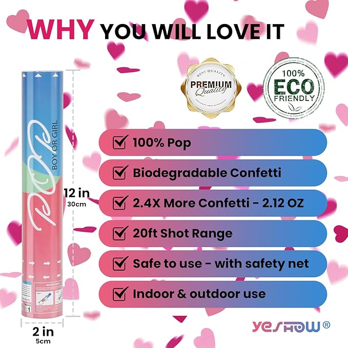Gender Reveal Poppers Pink, Baby Girl Confetti Cannons 2 Pack with Heart Shaped Confetti for Baby Shower, Birthday, Gender Reveal Party Supplies - 12 inch
