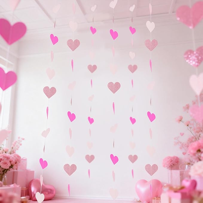 40 Feet Hot Pink Birthday Banner Streamers Heart Valentines Day Garland Paper Banner Hanging Party Supplies, Special Hanging Party Wedding Bachelorette Engagement Baby Shower Decorations