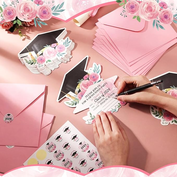 Marspark 25 Pcs Graduation Party Invitations Set Pink Floral Grad Cap Invitation Cards with Envelopes & Stickers Class of 2026 Graduation Party Supplies for Senior Graduate Celebration 5 x 6 Inch