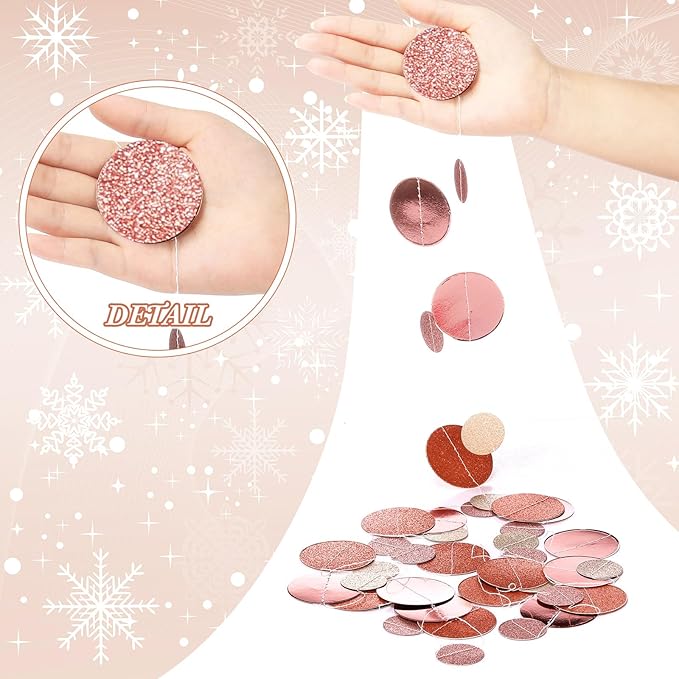 Outus 5 Pieces Rose Gold Round Dots Garland Graduation Party Hanging Decor Each Length 13.1ft Glitter Paper Dot Streamers for Birthday Wedding Classroom Supplies (Champagne)