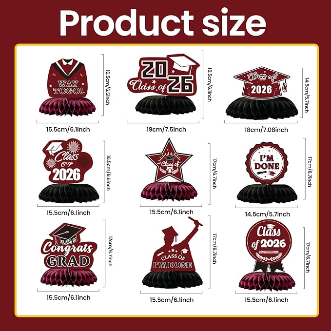 Graduation Decorations 2026 Burgundy Centerpieces for Tables 9 Pcs, Class of 2026 Graduation Party Decorations Table Toppers, Grad Centerpieces for Tables 2026, Congrats Grad Decor