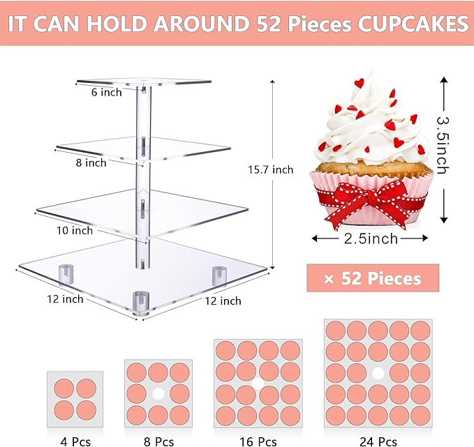 Cupcake Stand, 4 Tier Cupcake Stand for 50 Cupcakes, Square Tiered Cupcake Tower, Clear Acrylic Cupcake Holder, Dessert Stands for Party, Wedding, Birthday, Baby Shower, Halloween
