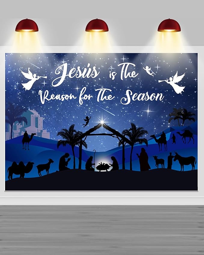Mocsicka Christmas Nativity Backdrop Blue Large Merry Christams Party Decorations Banner Xmas Christmas Jesus is The Reason for The Season Background Photo Booth (Blue, 6x4ft(72"x48"))