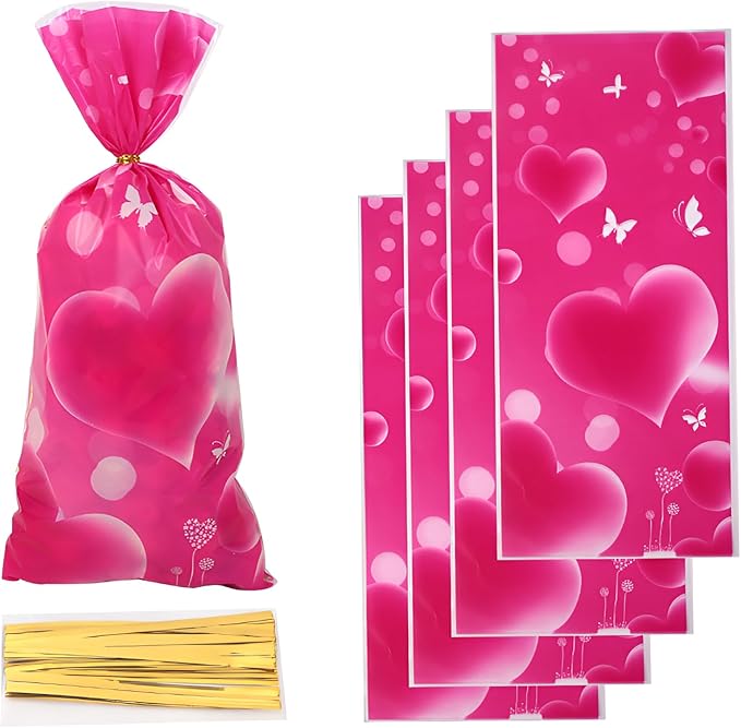 iNINGER 50pcs Happy Valentine's Cellophane Treat Bags for Party Favors,Small Sweet bags for Candy,Sweets Gift Bags for Party Decorations,Romantic Valentine's Day Theme Candy Bags Party Supplies