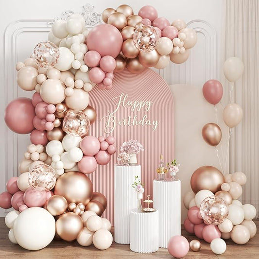 Dusty Pink and White Balloon Garland Arch Kit, 167Pcs Retro Pink Sand Smoke Champagne Gold Latex Balloons for Women Girl Birthday Bridal Baby Shower Wedding Party Decorations