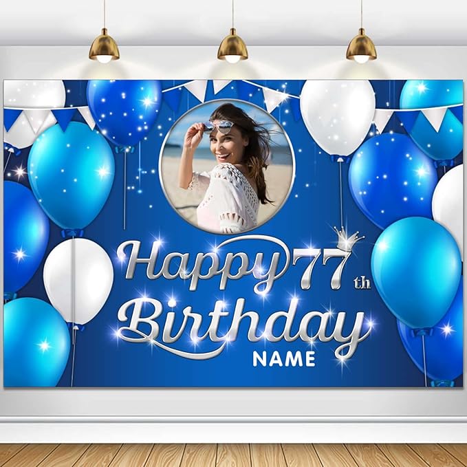 Custom Happy 77th Birthday Decoration Banner - Personalized Navy Blue Birthday Party Banner in Large Sizes-Custom Photos and Names