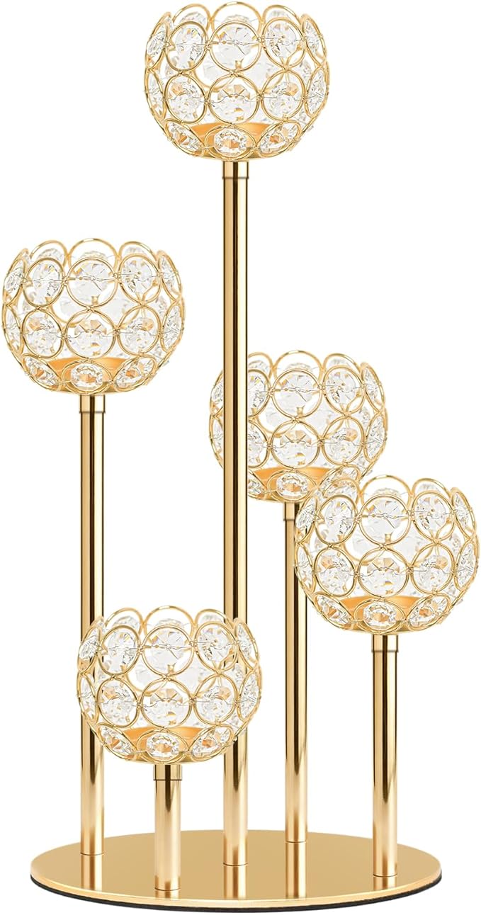 5-Arm Crystal Tealight Candelabra Centerpiece, 14.8 Inch Metal Candle Holder for Table Decor, Wedding, Christmas, Party, Anniversary & Home Decoration (1, Gold, S-14.8 in)