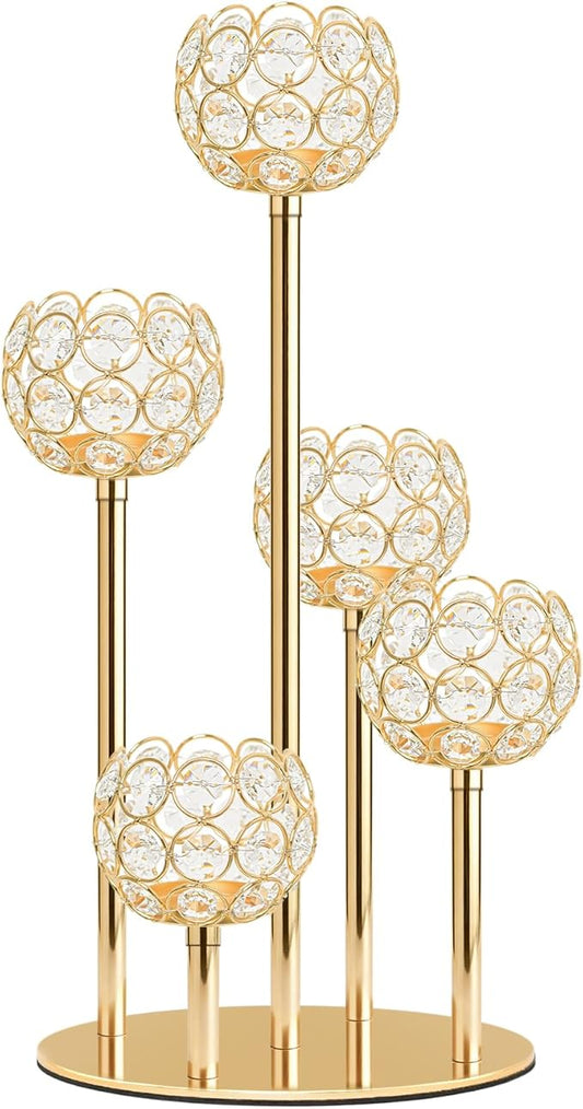 5-Arm Crystal Tealight Candelabra Centerpiece, 14.8 Inch Metal Candle Holder for Table Decor, Wedding, Christmas, Party, Anniversary & Home Decoration (1, Gold, S-14.8 in)