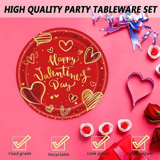 72Pcs Happy Valentine's Day Plates and Napkins Party Supplies Red & Gold Heart Paper Plates and Napkins with Forks 7inch Disposable Love Heart Dessert Plate Tableware Decorations for Valentines Day