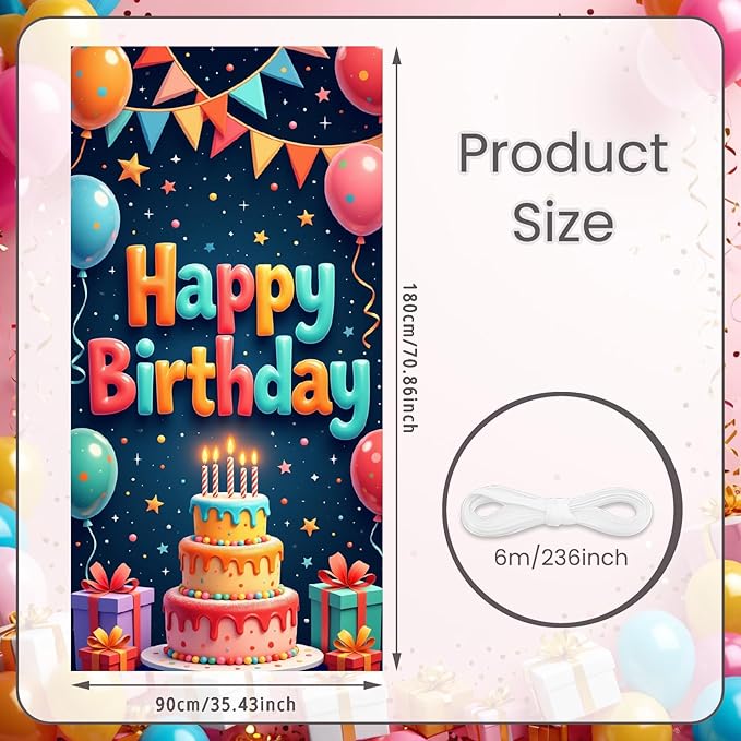 Colorful Happy Birthday Party Door Cover Banners Sign Decorations Birthday Backdrop Background with Cake Balloon Gift for Bday Party Decor Supplies Decorations Indoor Outdoor Kids Girls Boys