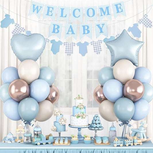 Dusty Blue Baby Shower Decorations Oh Welcome Baby Boys Balloon Set with Star Heart Foil Balloons Bunting Banner Bodysuit Garland Boho Pastel Blue Gold White Sand Gender Reveal Party Decor for Girls