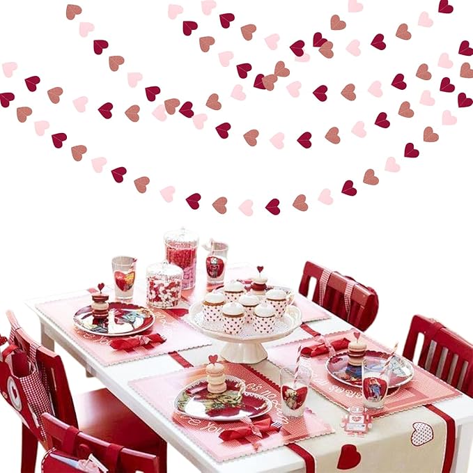 Burgundy-Red Rose-Gold Valentines Party-Decorations Heart-Garland - 52ft Pink Galentines Hanging Streamers Banner,Women Romantic Special Night Wedding Bachelorette Birthday Backdrop Decor Burgleda