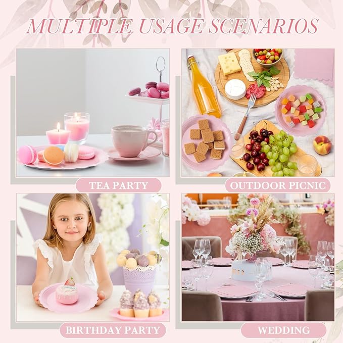 120 Pcs Pink Paper Plates and Napkins Party Supplies Bulk Disposable 7 Inch Scalloped Plates Cocktail Napkins for Wedding Bridal Baby Shower Birthday Decorations, Serve 60 Guests