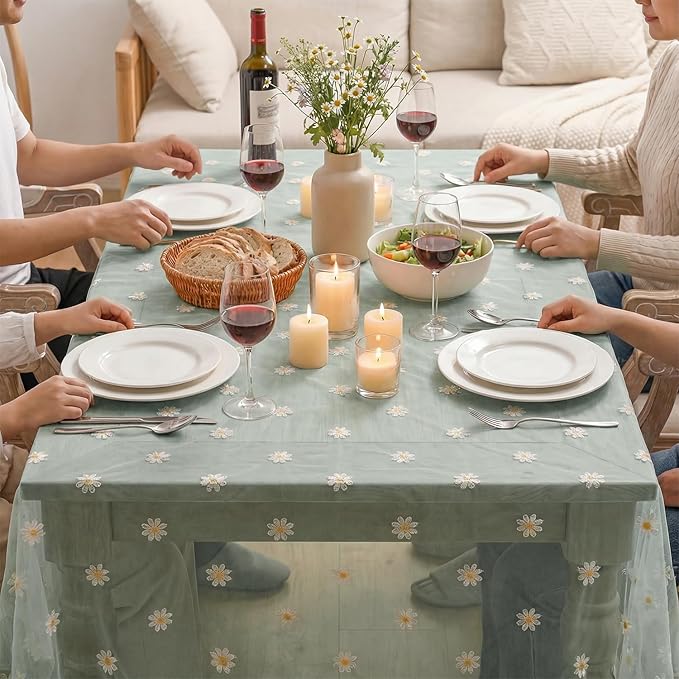 Horaldaily Green Embroidery Daisy Spring Summer Gauze Tablecloth 60×120 Inch Rectangular, Seasonal Tulle Table Cover, Garden Party Decorations for Wedding, Party, Holiday Dining