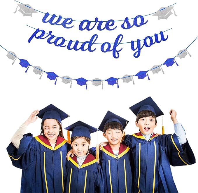 Navy-Blue White-Silver Party-Decoration Graduation Banner - 8pcs Kits Cap Garland Streamers, Paper Tissue Pom Poms Flowers,We are So Proud of You Congratulations Grad 2026 Decor Lasting Surprise
