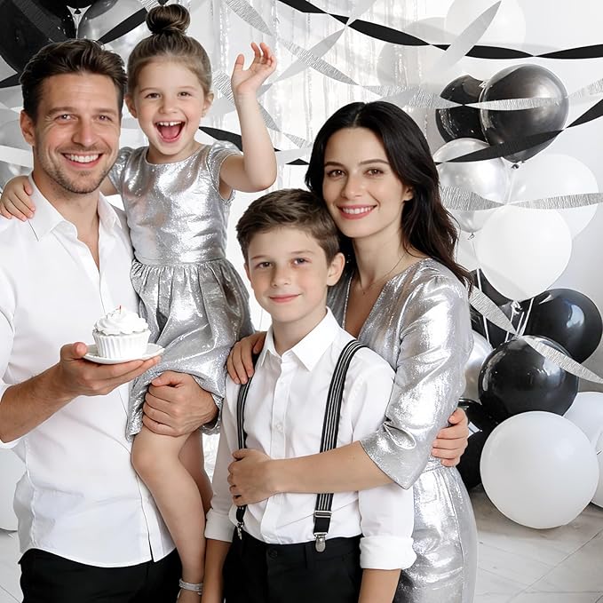 Black Silver White Crepe Paper Streamers - 6 Rolls Party Streamer Decorations for Graduation 2026, New Year's Eve, Birthday, Wedding, Retirement Party Supplies - Silver & Black Hanging Backdrop Decor