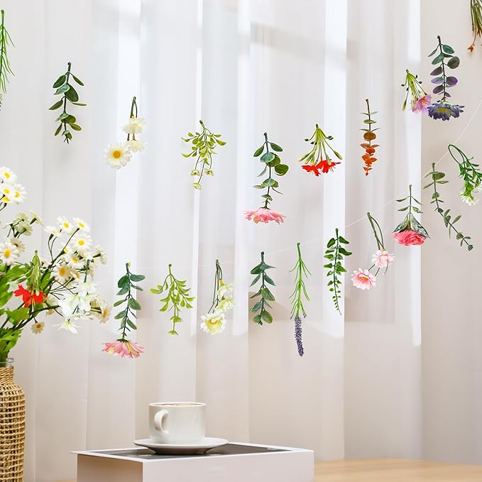 Suncalla 2 Pcs 6.6 ft Artificial Flower Garland Spring Wildflower Vines Backdrop Floral Hanging Ceiling Garland for Tea Birthday Wedding Bridal Shower Baby Shower Backdrop Wall Decor(Vivid Color)