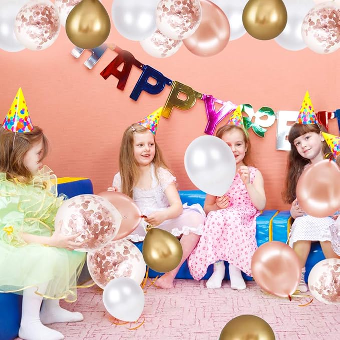 Rose Gold Confetti Latex Balloons, 60 Pack White Balloons 12 Inch with Gold Ribbon for Birthday Party, Wedding, Bridal Shower Decorations