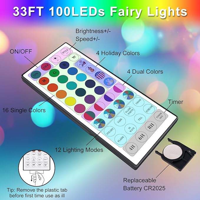 OMIKA 33Ft Color Changing Fairy Lights, 100LED 24Color Twinkle String Lights with USB Remote Timer Dimmable 196 Modes, Halloween Fairy String Lights for Indoor Outdoor Christmas Bedroom Garden