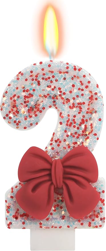 Birthday Candle for Cake, Red Bow Number Candles, 2.76 inch Cake Topper Decoration for Birthday Party (Number 2)