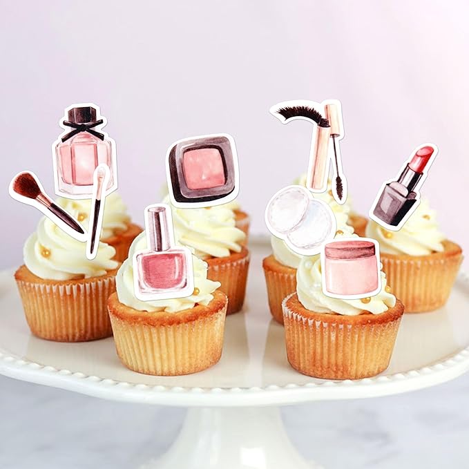 Ercadio 44Pcs Edible Make up Cupcake Toppers Mascara Cosmetics Lipstick Cupcake Picks Perfume Bottle Drink Topper Makeup Birthday Cupcake Decorations Bridal Shower Bachelorette Makeup Party Supplies