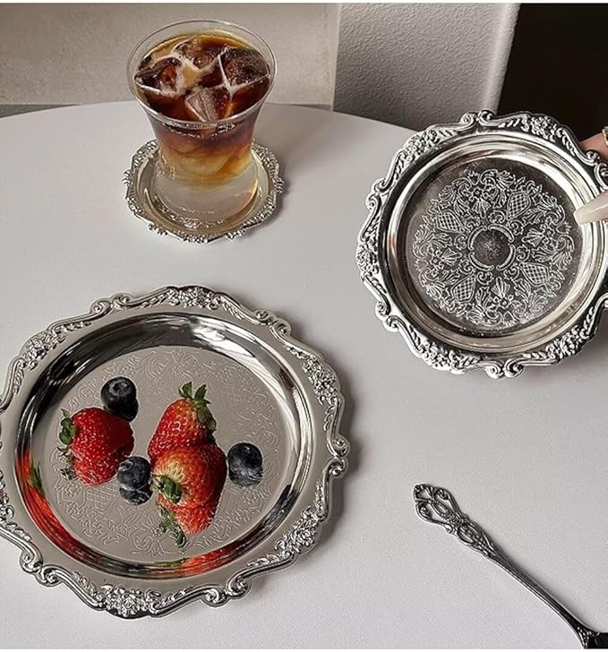 Round Decorative Tray 7.9in Metal Dessert Plates Vintage Coffee Table Tray for Snacks Fruit Silver