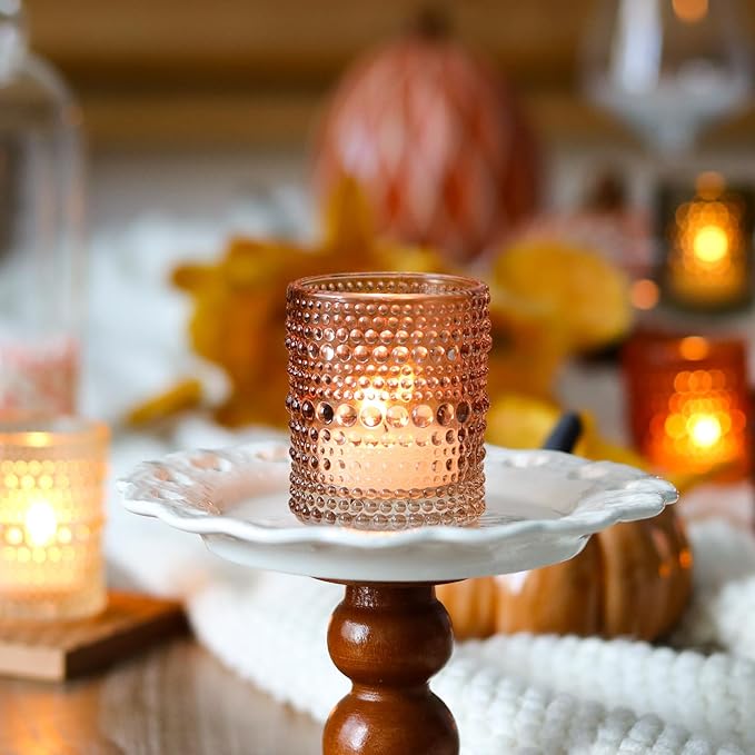 WDHODEC Glass Tealight Candle Holders Set of 12 - Brown Green Vintage Hobnail Votive Holders for Fall, Winter Wedding, Christmas Table Centerpiece Decor