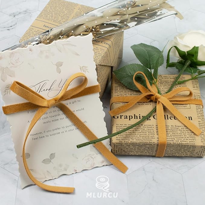 Khaki Velvet Ribbon 3/8 Inch x 21Yd Vintage Gold Thin Velvet Ribbon Double Faced Ribbons Set for Christmas Tree Ornaments Gift Wrapping Wedding Decoration Wreath & Hair Bows