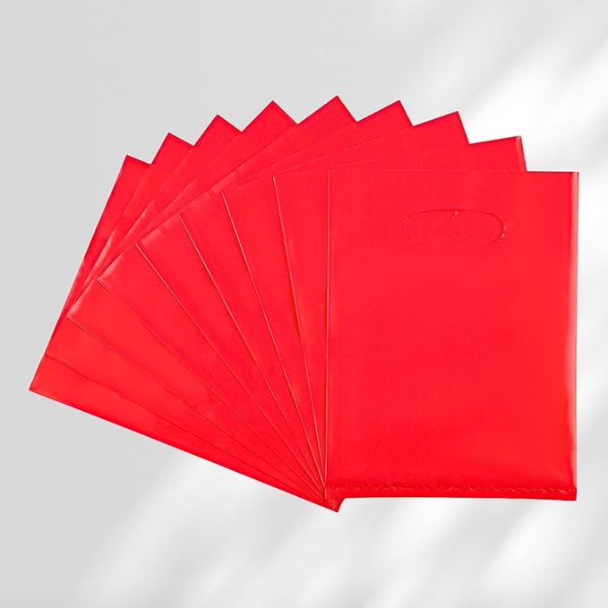 Red 100 PCS Small Gift Bags, 6"x8" Goodie Party Favor Bags with Handle, Treat Retail Pouches for Kids Birthday, Christmas, Small Business