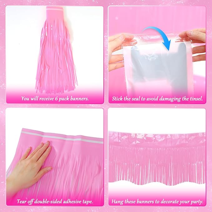 LOLStar 6 Pack Macaron Pink Tinsel Foil Fringe Garland Birthday Party Decorations, 59Ft Tinsel Streamers Banner, Hanging Tinsel Fringe Banners for Wedding Gender Reveal Bachelorette Party Decor