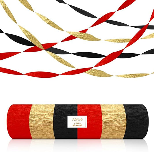 AOYOO 6 Rolls Casino Party Decorations Streamers - Red Black Gold Crepe Paper for Poker Night, Las Vegas Theme Birthday, Wedding Bridal Shower Theme Party Supplies, DIY Photo Backdrop