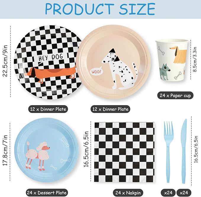 144Pcs Pet Dog Birthday Party Supplies Decorations Puppy Themed Paper Plates Napkins Vintage Puppy Party Tableware Disposable Pet Dinnerware Set for Kids Birthday Baby Shower Table Decor, Serve 24