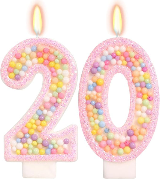 Birthday Candles - Number 20 Candle, Colorful Macaron Candles, 20 Birthday Decorations for Girls, Cake Decorations, Sweet Theme Party Supplies (Pink)