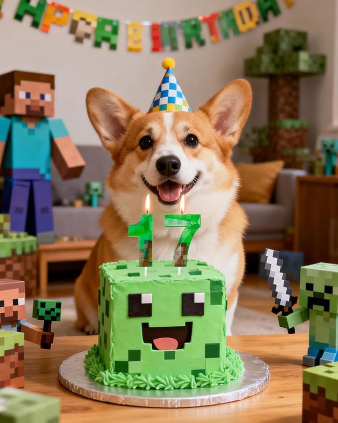 Pixel Birthday Candle, 2.68 Inch Miner Number Candles, Game Themed Candle Birthday Decoration for Pixel Theme Birthday Anniversary Dynamite Video Game Party (Green, 17)