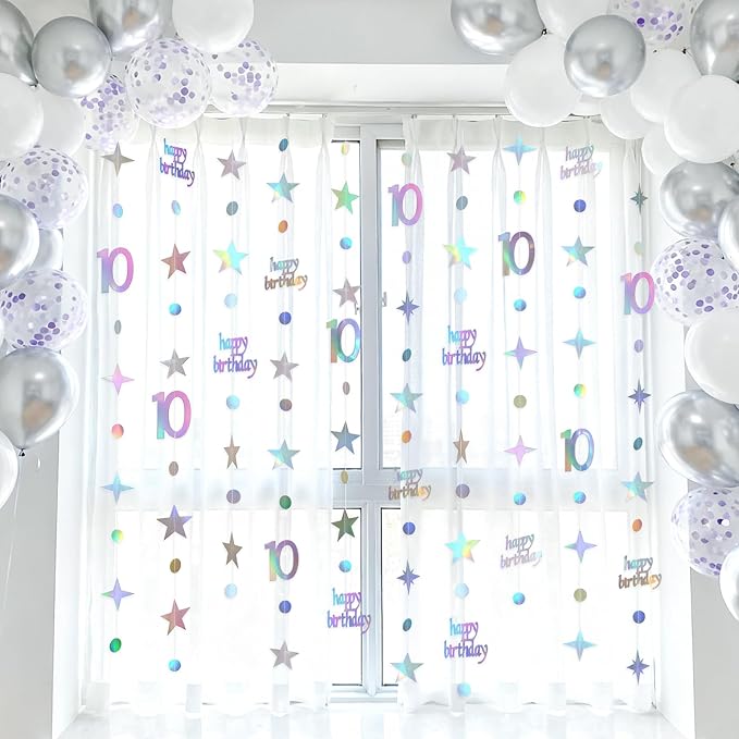 GCQQ 10th Birthday Decorations - 46FT Iridescent 10 year old Circle Dot Twinkle Star Garland 10th Birthday Metallic Holographic Streamer Banner Backdrop for Girls Boys Teen Kids Birthday Party Decor