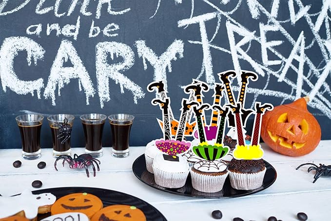 Withch Paper Cupcake 48 Pieces Toppers Halloween Witch Feet Shoes Cake Toppers for Halloween Birthday Party Dessert Decorating Supplies
