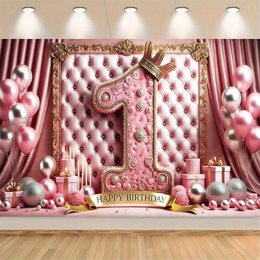 Pink First Birthday Party Banner 71x43 Inch, Elegant "1" Design with Velvet Curtains and Gold Balloons, Ideal for Cake Smash and Birthday Party Decorations