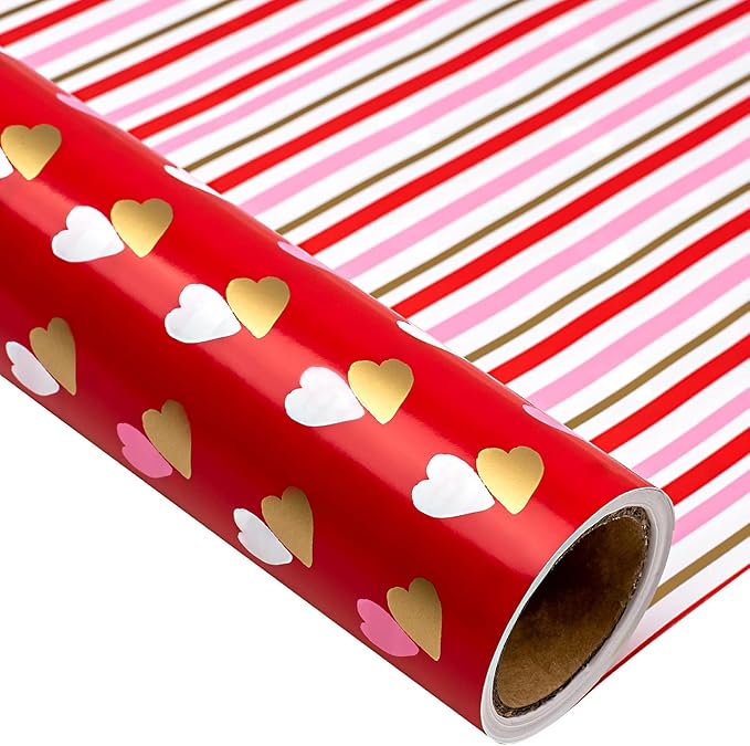 MAYPLUSS Reversible Valentine's Day Wrapping Paper Roll - 17 Inch X 33 Feet - Red Gold Foil Double Love Heart Design Lover Gift Wrap for Valentine’s Day, Birthdays, Wedding, Anniversaries and Holiday