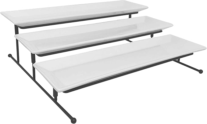 3 Tier Collapsible Thicker Sturdier Plate Rack Stand with Plates - Three Tiered Cake Serving Tray - Dessert Fruit Presentation - Party Food Server Display - 3 White 12' x 6" Porcelain Platters Incl