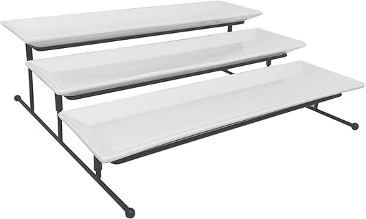 3 Tier Collapsible Thicker Sturdier Plate Rack Stand with Plates - Three Tiered Cake Serving Tray - Dessert Fruit Presentation - Party Food Server Display - 3 White 12' x 6" Porcelain Platters Incl